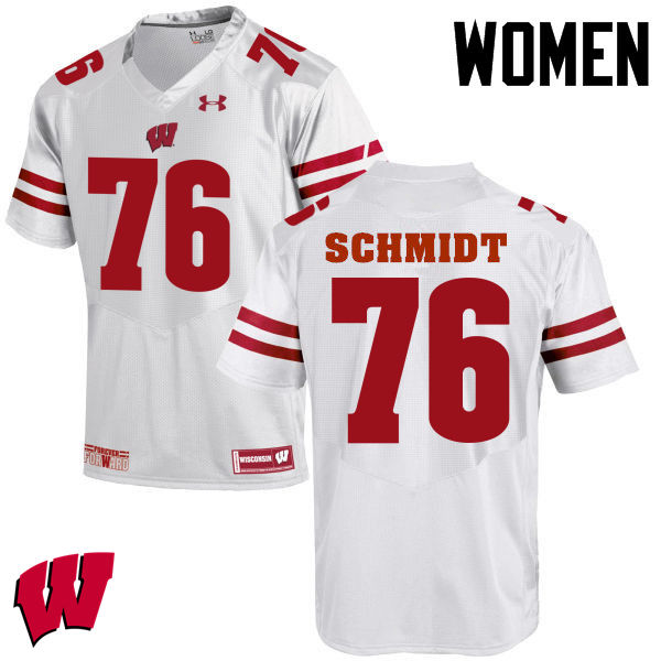 Women Wisconsin Badgers #76 Logan Schmidt College Football Jerseys-White - Click Image to Close
